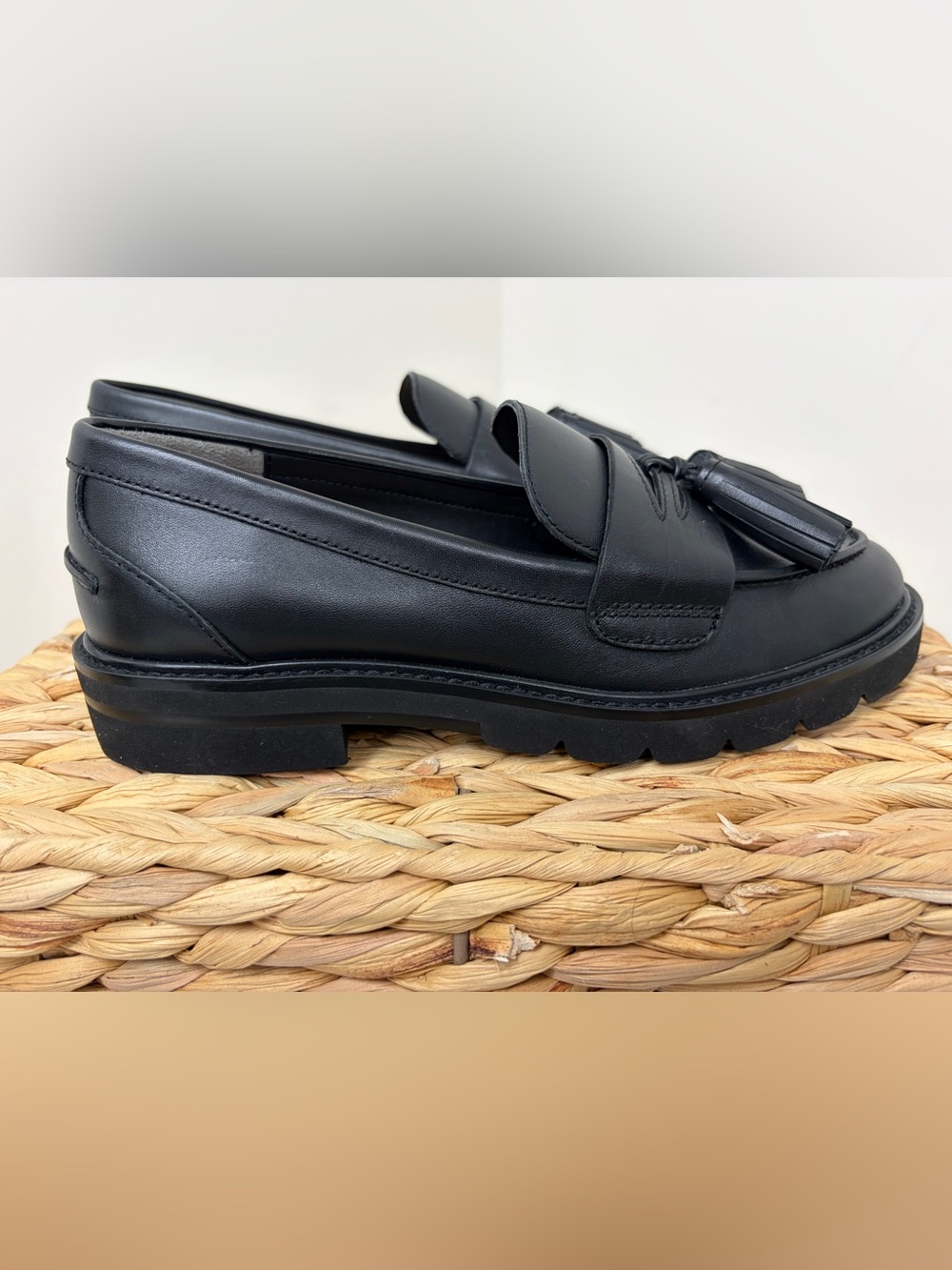 Stuart Weitzman Black Leather Tassel Loafers with Lug Sole